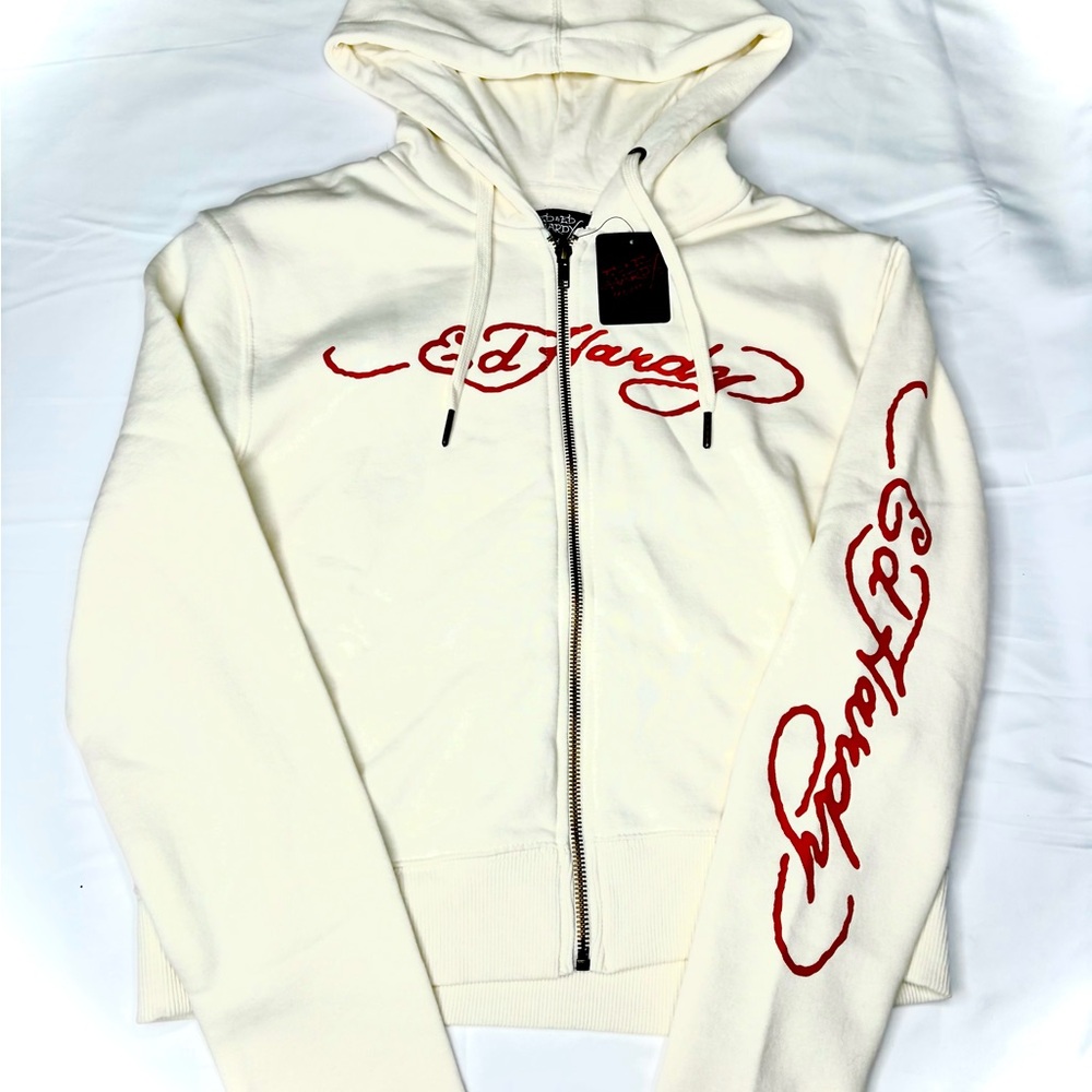 Ed Hardy Cream Hoodie with Red Script